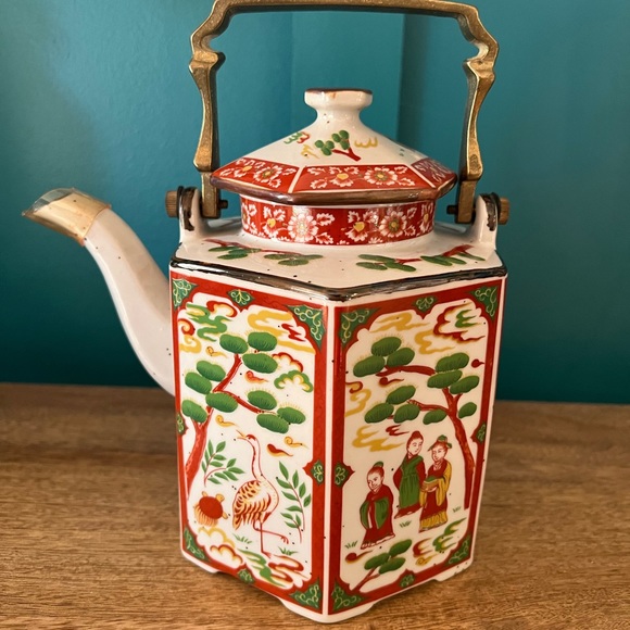 Vintage Japanese Stoneware Hexagon Teapot Brass Handle Chinoiserie People Trees - Picture 3 of 10